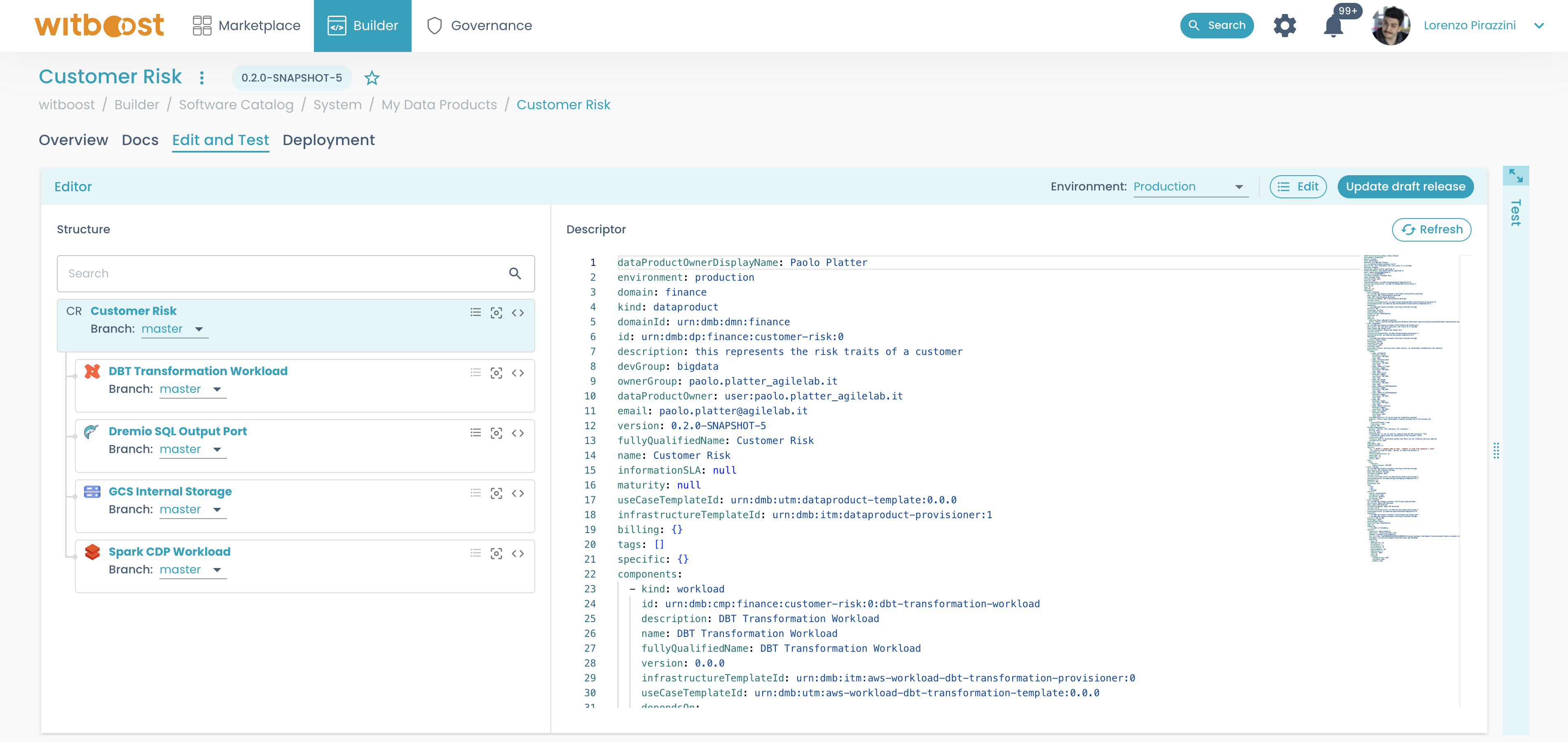 Data Product edit and test page