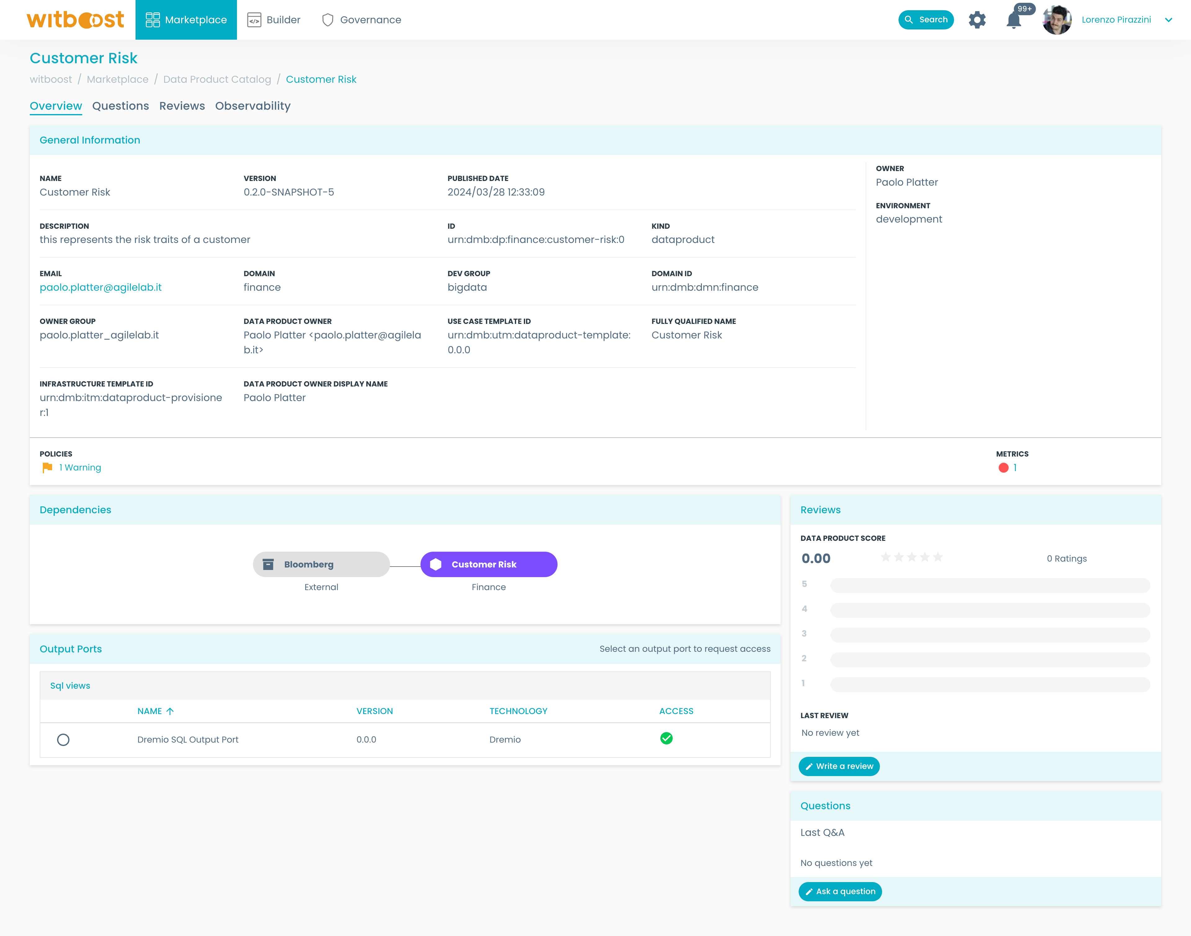 Marketplace data product details