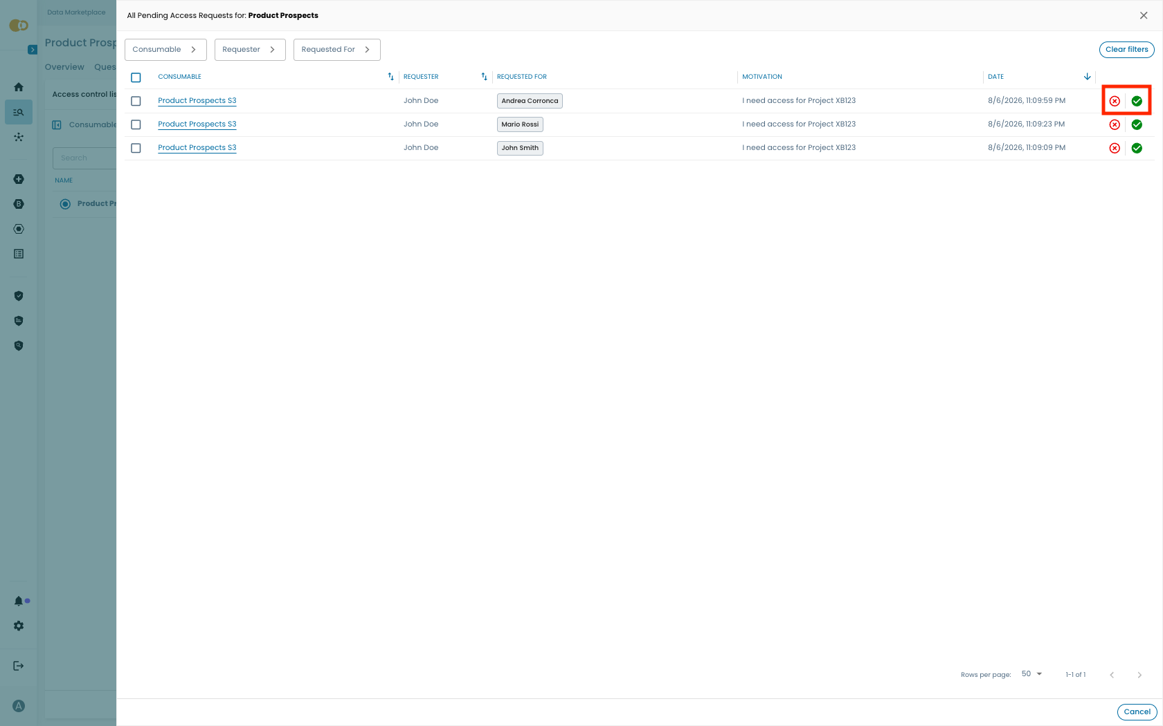Pending Access Requests individual actions